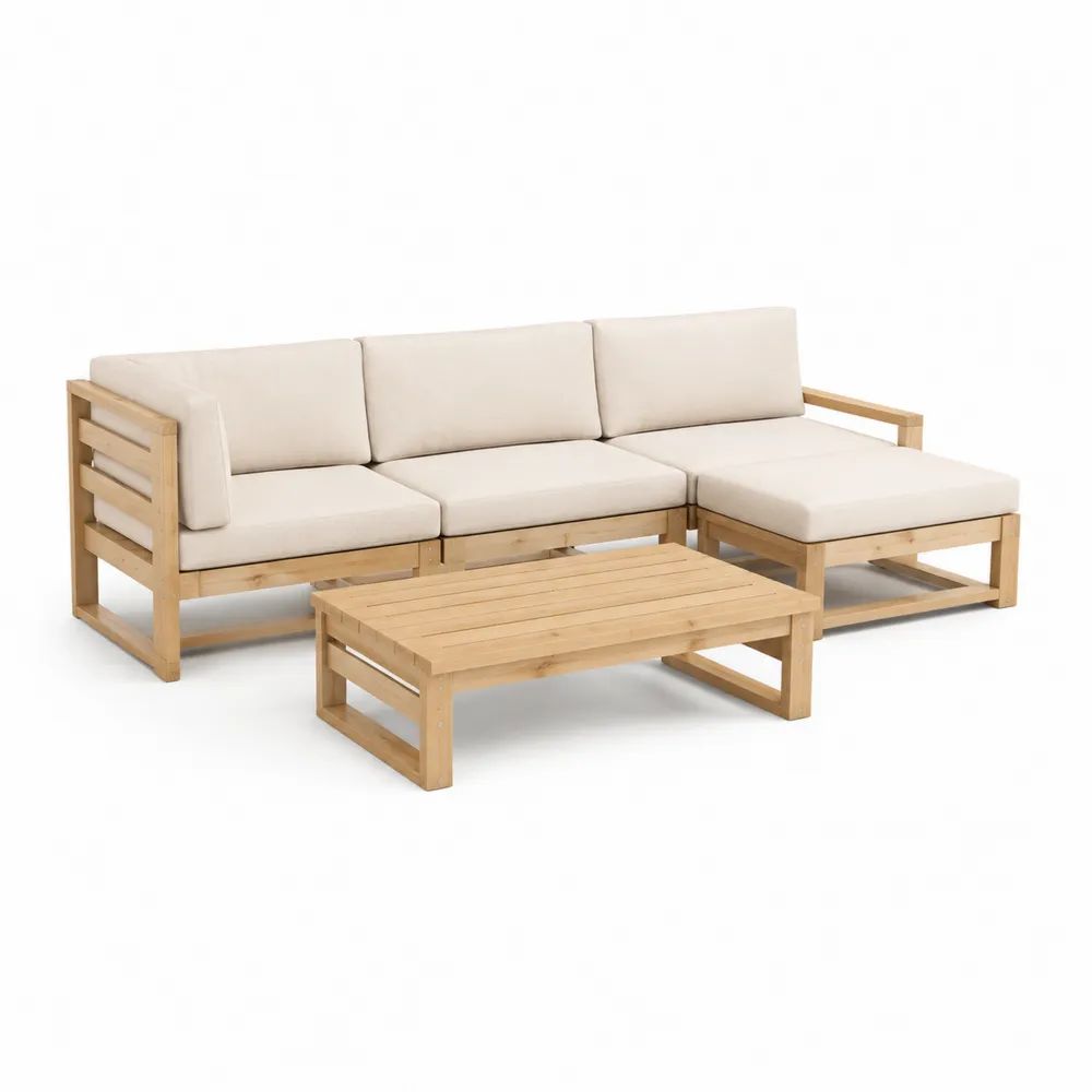 Gartenlounge Set 4-teilig Natur Holz mit Ecksofa Tisch und Polsterauflagen