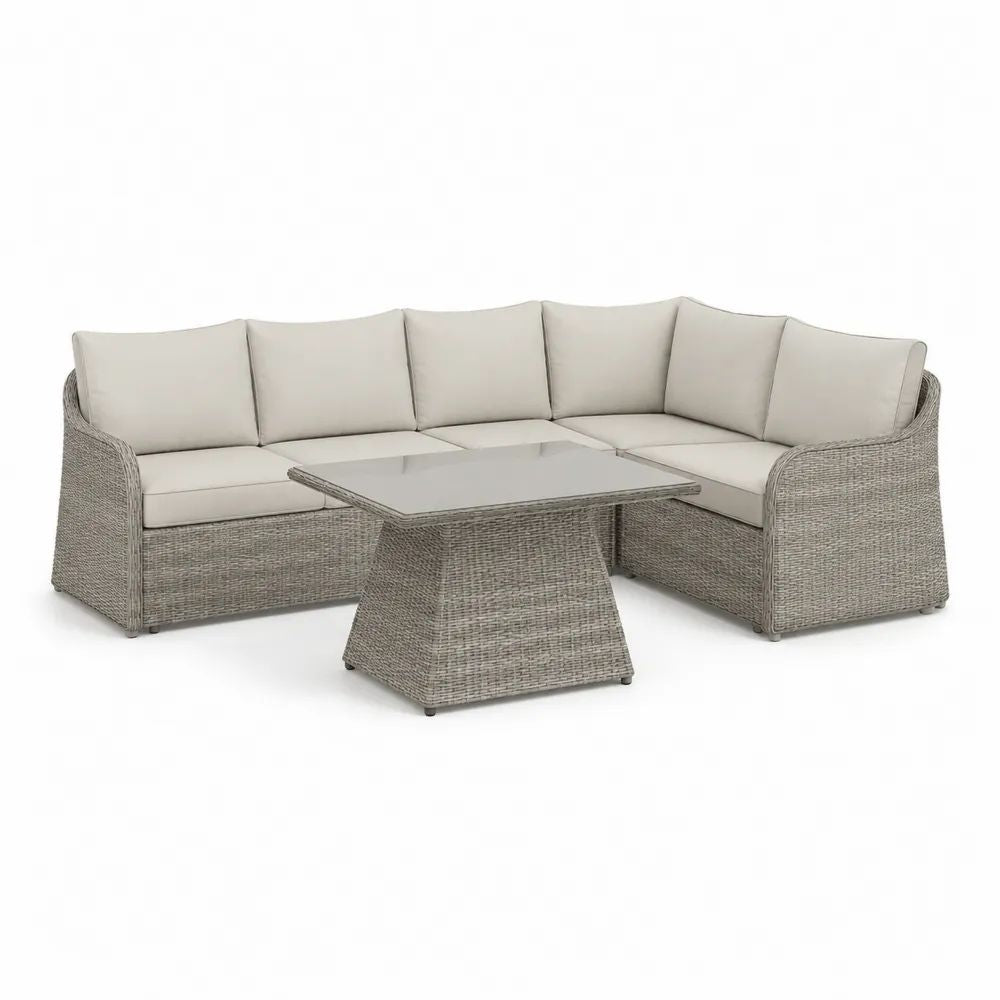 Gartenlounge Set 260 x 200 x 75 cm Grau mit Ecksofa, Polyrattan, Tisch und weißen Kissen