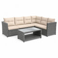 Gartenlounge Set 6-teilig Grau mit Polyrattan Geflecht Ecksofa Glastisch und Polsterauflagen