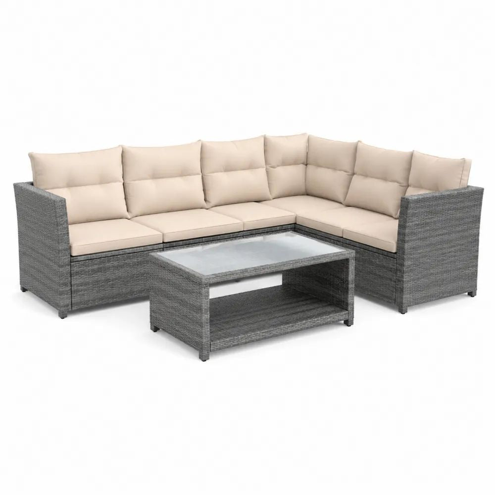 Gartenlounge Set 6-teilig Grau mit Polyrattan Geflecht Ecksofa Glastisch und Polsterauflagen