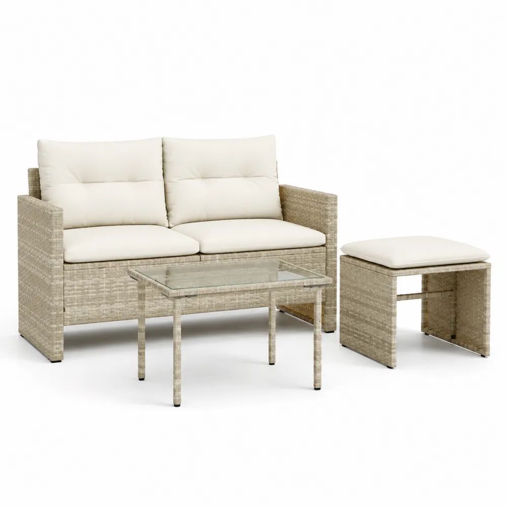 Gartenlounge Set 3-teilig Beige Polyrattan Sofa mit Tisch und Hocker