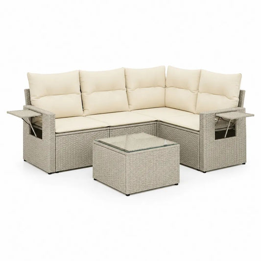 Gartenlounge Set 6 teilig Beige mit Polyrattan Ecksofa, Tisch und Sitzkissen