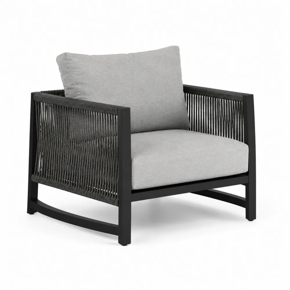 Gartensessel 75x75x80 cm Schwarz mit Seilgeflecht und Sitzkissen Outdoor Lounge Stuhl