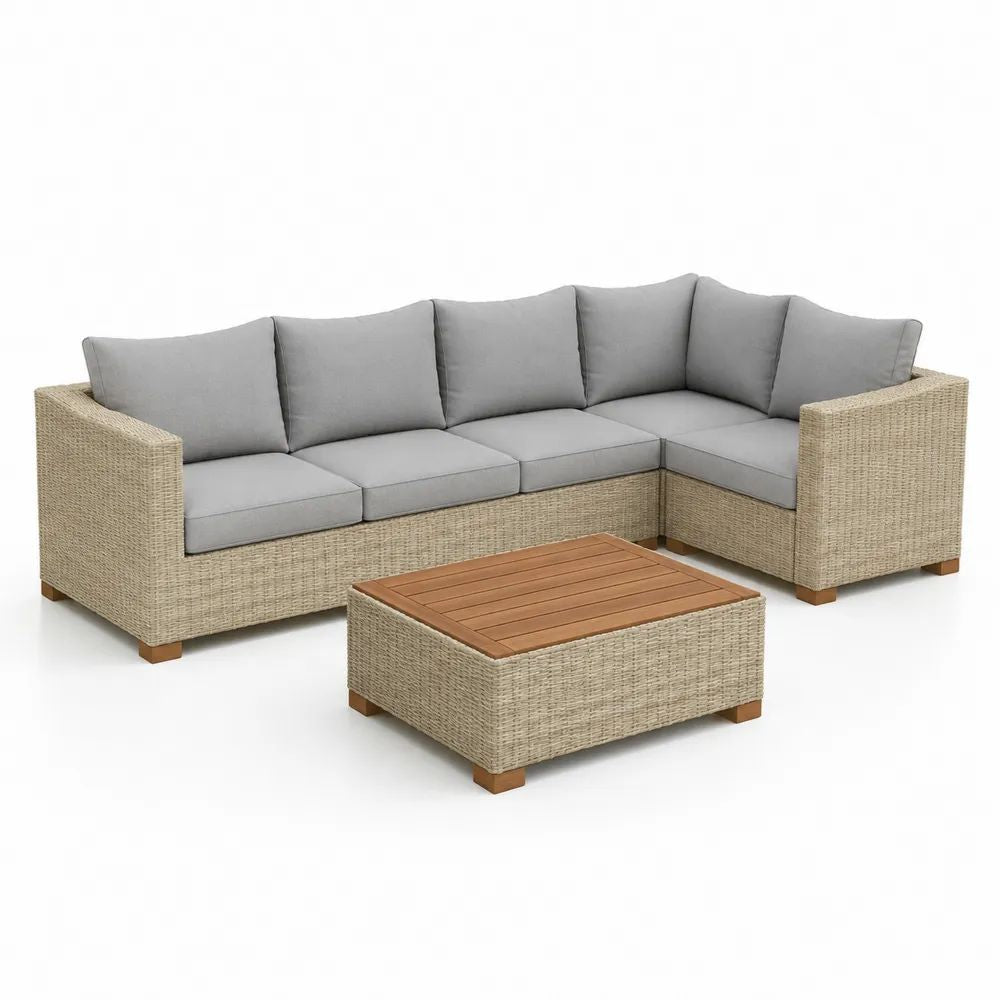 Gartenlounge Set 250 x 180 x 70 cm Beige mit Polyrattan Ecksofa, Tisch und grauen Kissen