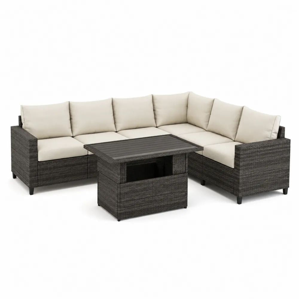 Gartenlounge Set 260 x 190 x 70 cm Anthrazit mit Polyrattan Ecksofa, Tisch und weißen Kissen