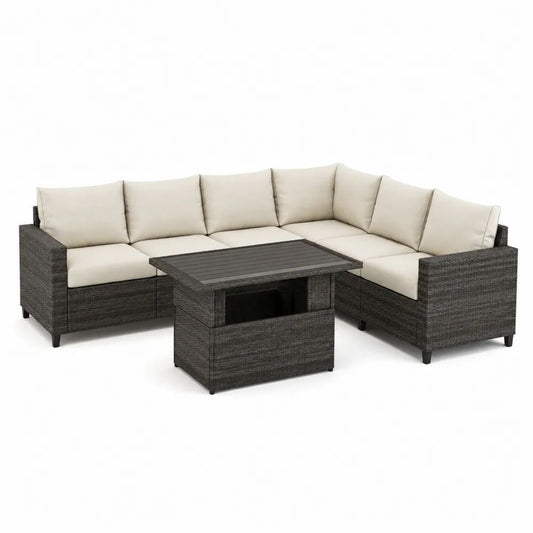 Gartenlounge Set 260 x 190 x 70 cm Anthrazit mit Polyrattan Ecksofa, Tisch und weißen Kissen