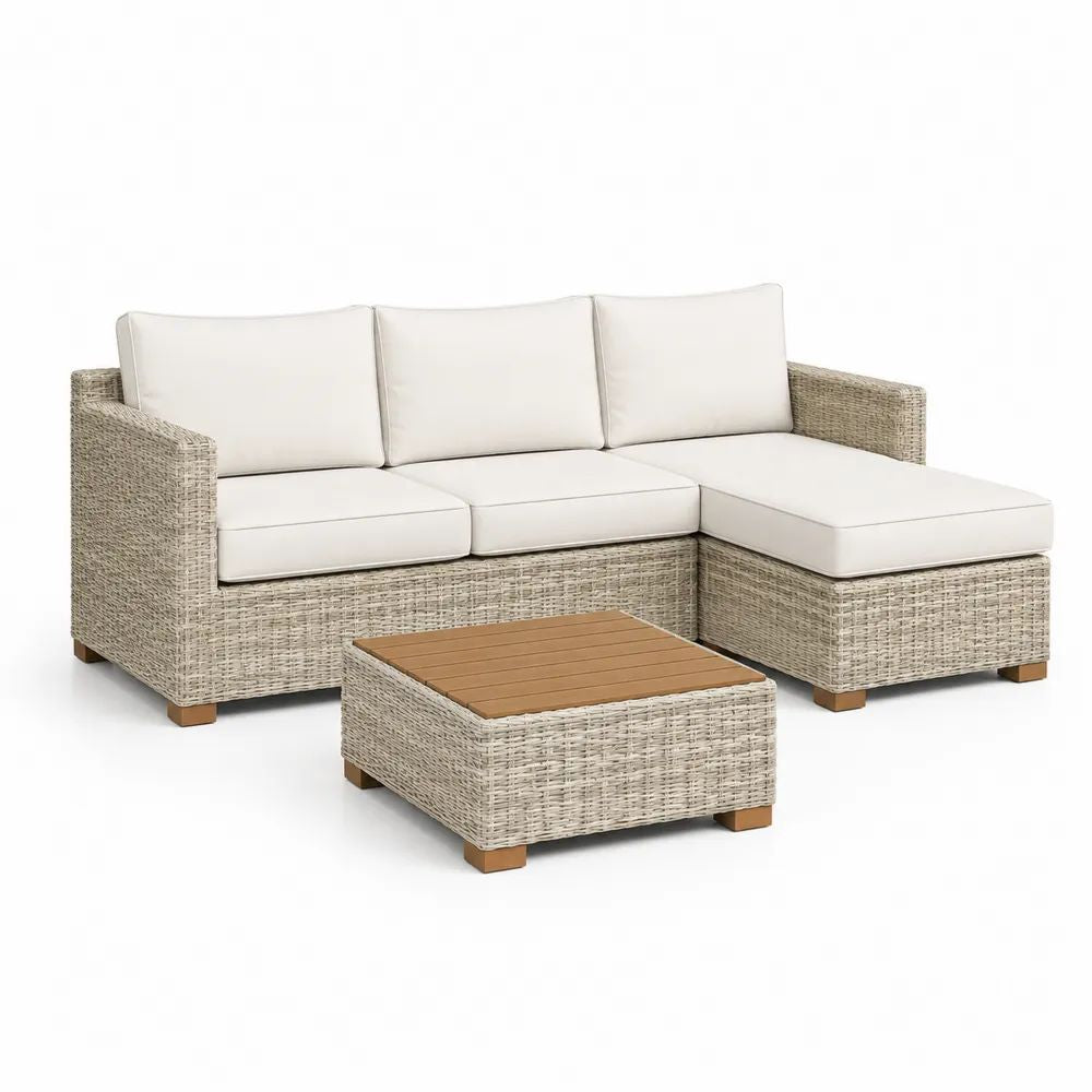 Gartenlounge Set Beige mit Ecksofa, Couchtisch und Polsterauflagen in Rattanoptik