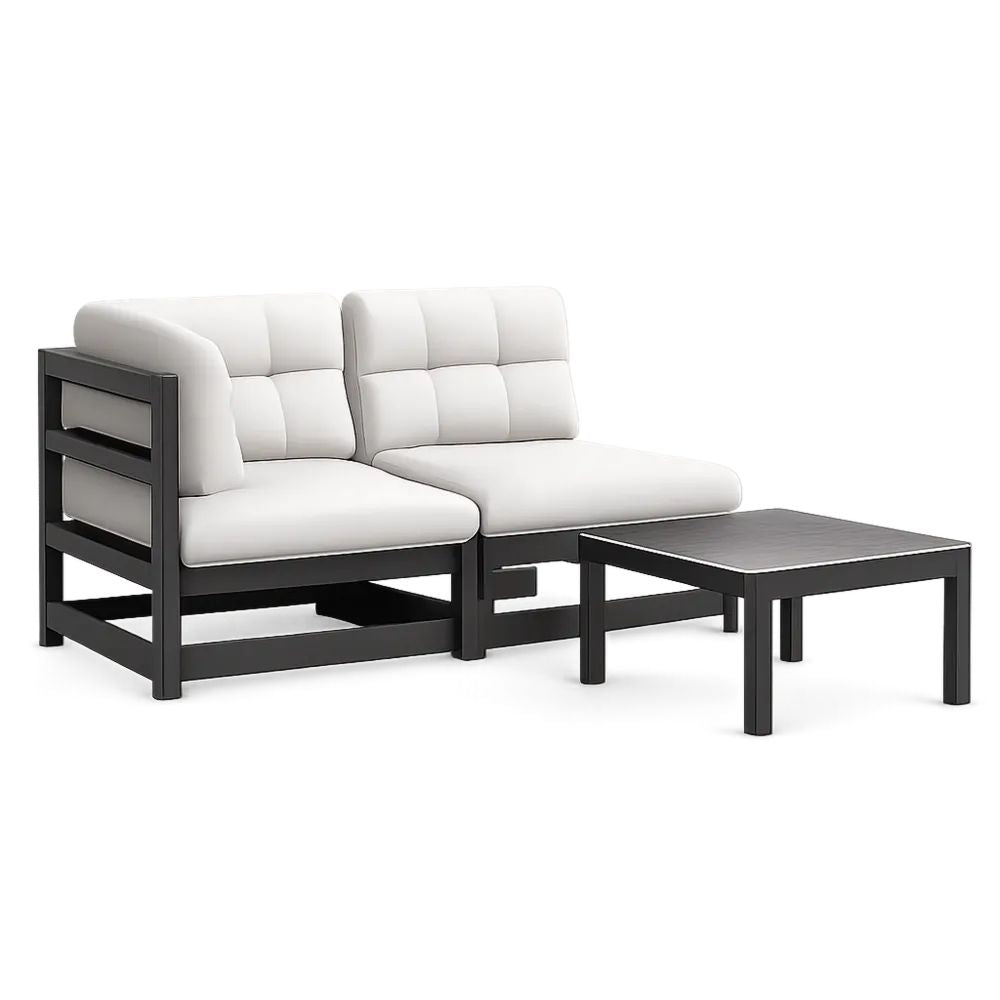 Gartensofa Set 3-teilig Schwarz mit Aluminiumrahmen und Couchtisch