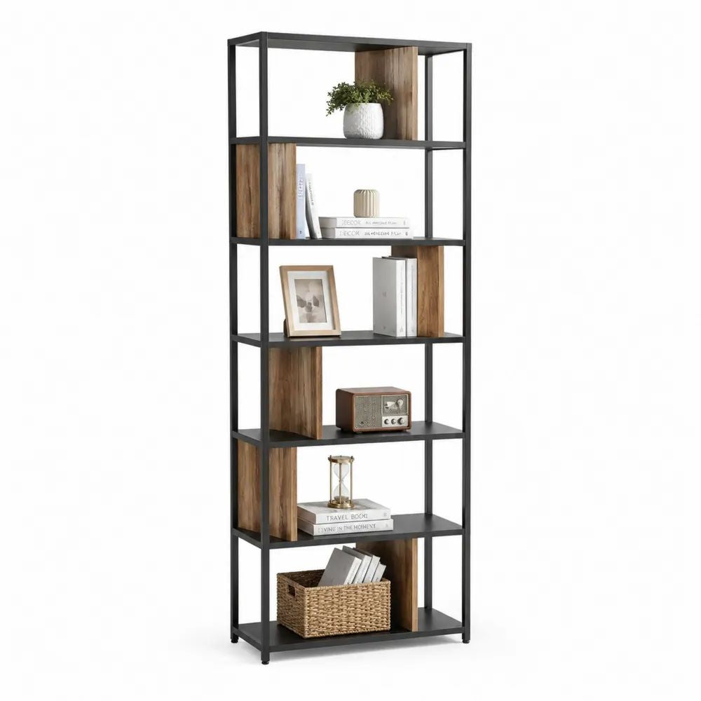 Bücherregal 80 x 35 x 180 cm Stahl Schwarz mit MDF Holzoptik Braun