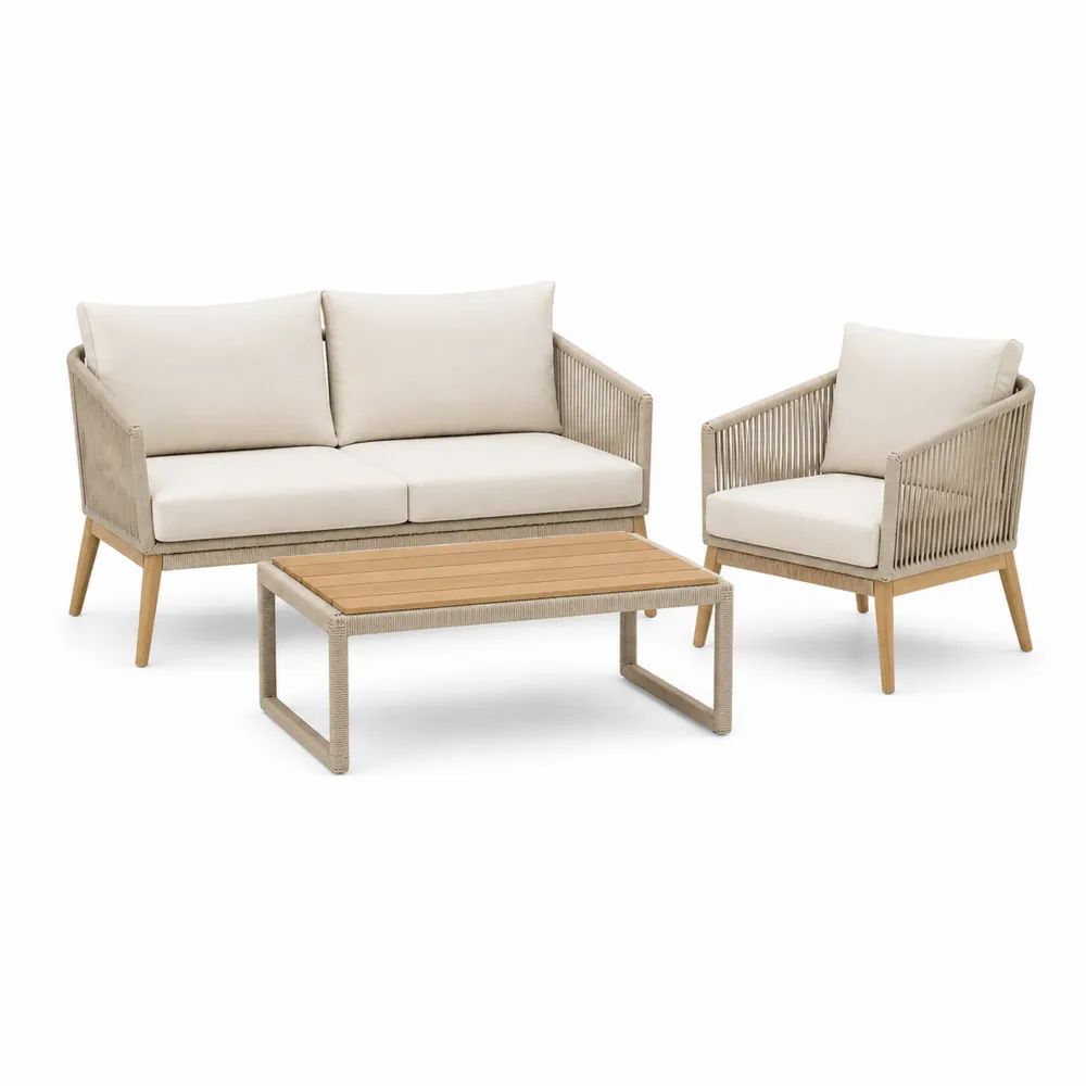 Gartenlounge Set 3-teilig Beige Seilgeflecht Sofa Set mit Sessel Tisch und Sitzkissen