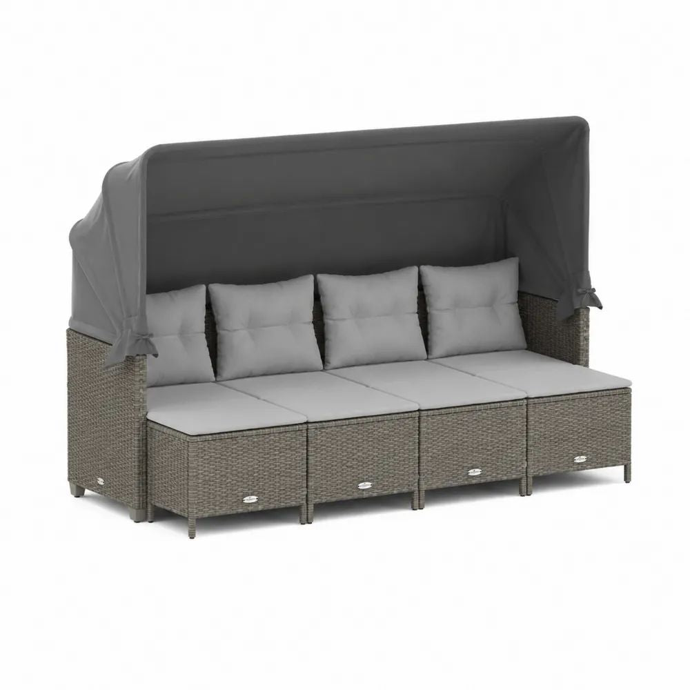 Gartensofa Set 5 teilig Grau mit Polyrattan Geflecht und Sonnendach