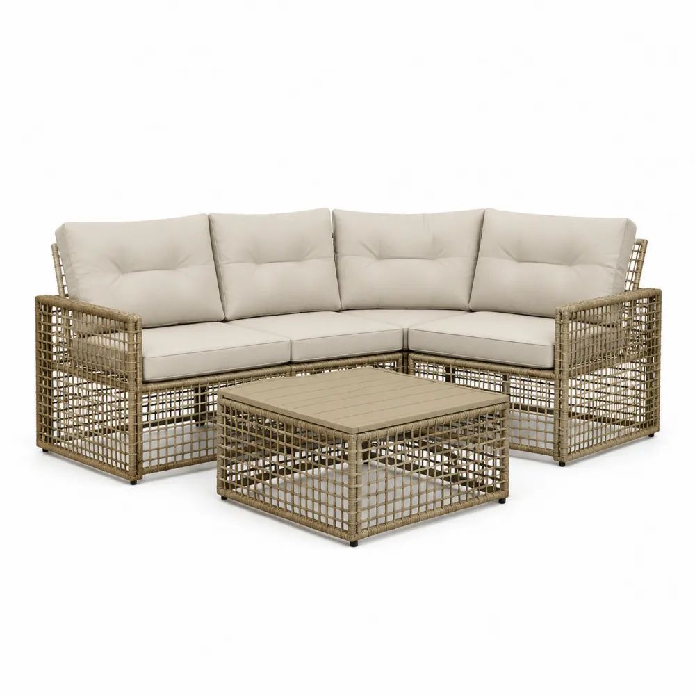 Gartenlounge Set 4-teilig Beige Polyrattan Ecksofa mit Tisch und Sitzkissen