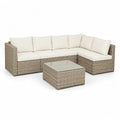 Gartenlounge Set Ecksofa Beige Polyrattan mit Tisch und weißen Kissen