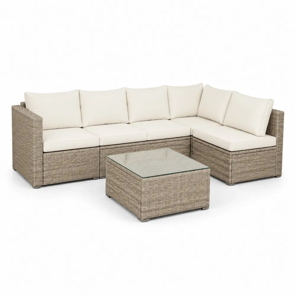 Gartenlounge Set Ecksofa Beige Polyrattan mit Tisch und weißen Kissen