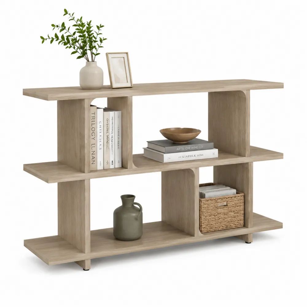 Bücherregal 180 x 35 x 120 cm MDF in Eiche Optik mit offenen Fächern und asymmetrischer Aufteilung