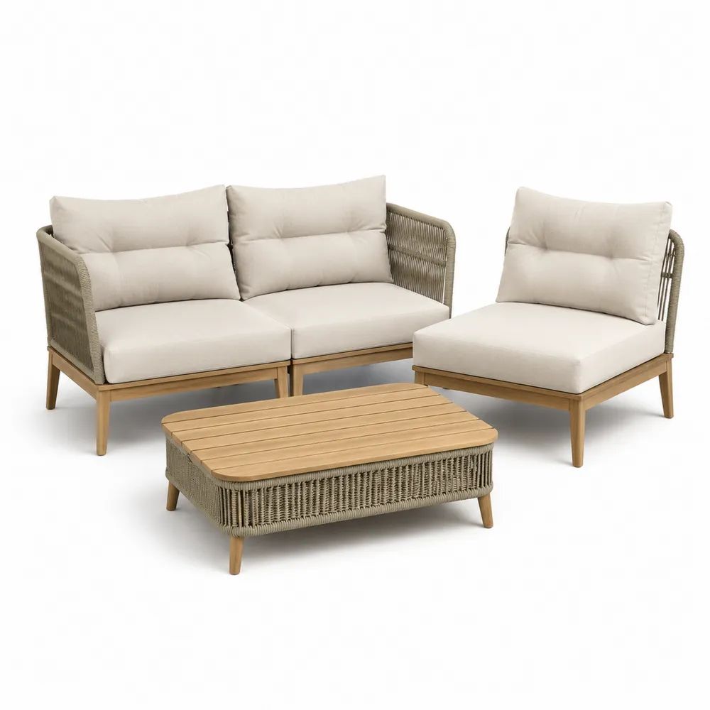 Gartenlounge Set 3-teilig Beige mit Rattanoptik Sofa Sessel Couchtisch und Sitzkissen