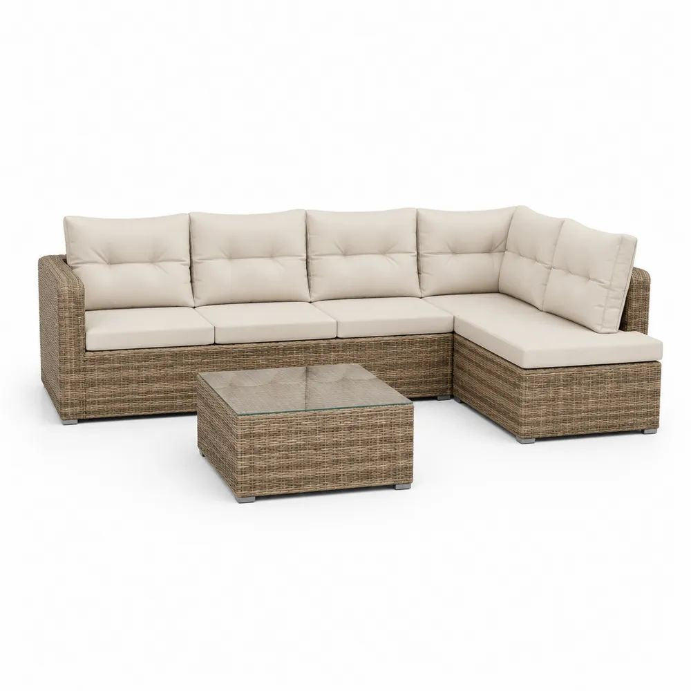 Gartenlounge Set 280 x 210 x 75 cm Beige mit Ecksofa, Couchtisch und Polsterauflagen in Rattanoptik